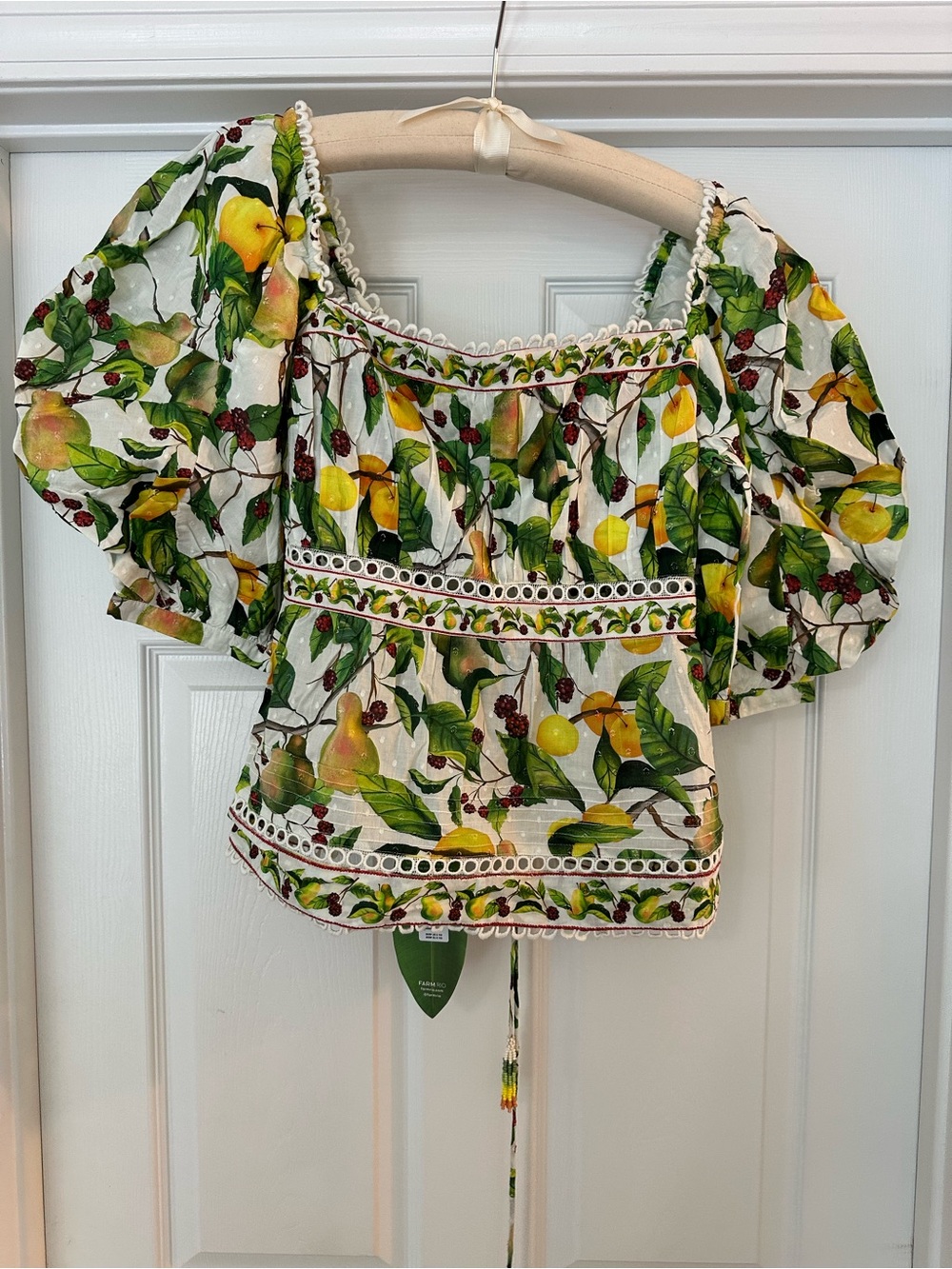 FARM Rio Corset Back Puff Sleeve Blouse Fruit Orchard Print 100% Cotton XL - Picture 4 of 11